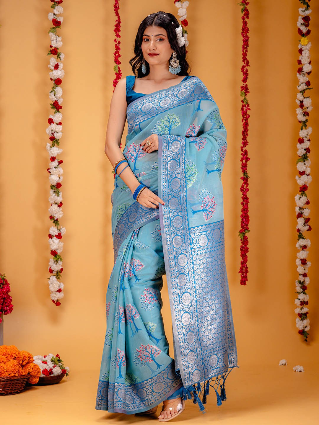 

MIMOSA Floral Woven Design Zari Art Silk Banarasi Saree, Turquoise blue