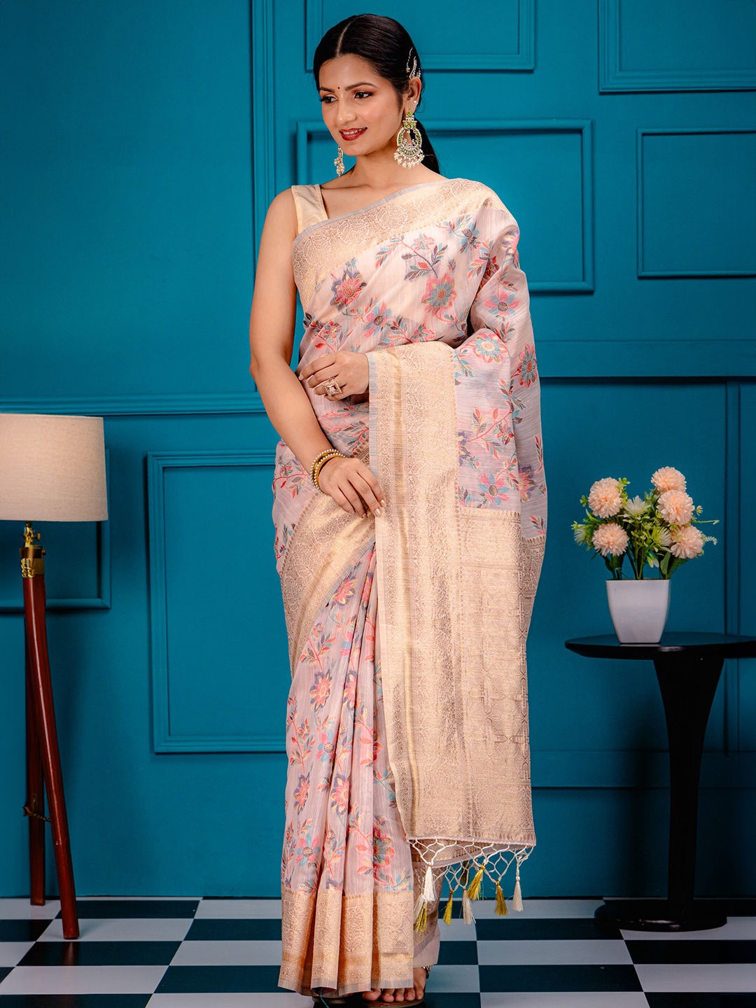 

MIMOSA Floral Woven Design Zari Art Silk Banarasi Saree, Pink