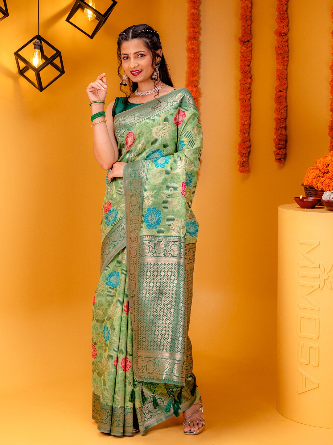 

MIMOSA Ethnic Motifs Woven Design Zari Banarasi Saree, Olive
