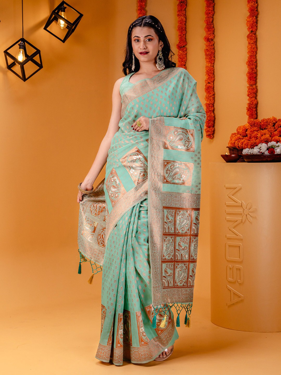 

MIMOSA Ethnic Motifs Zari Art Silk Banarasi Saree, Sea green