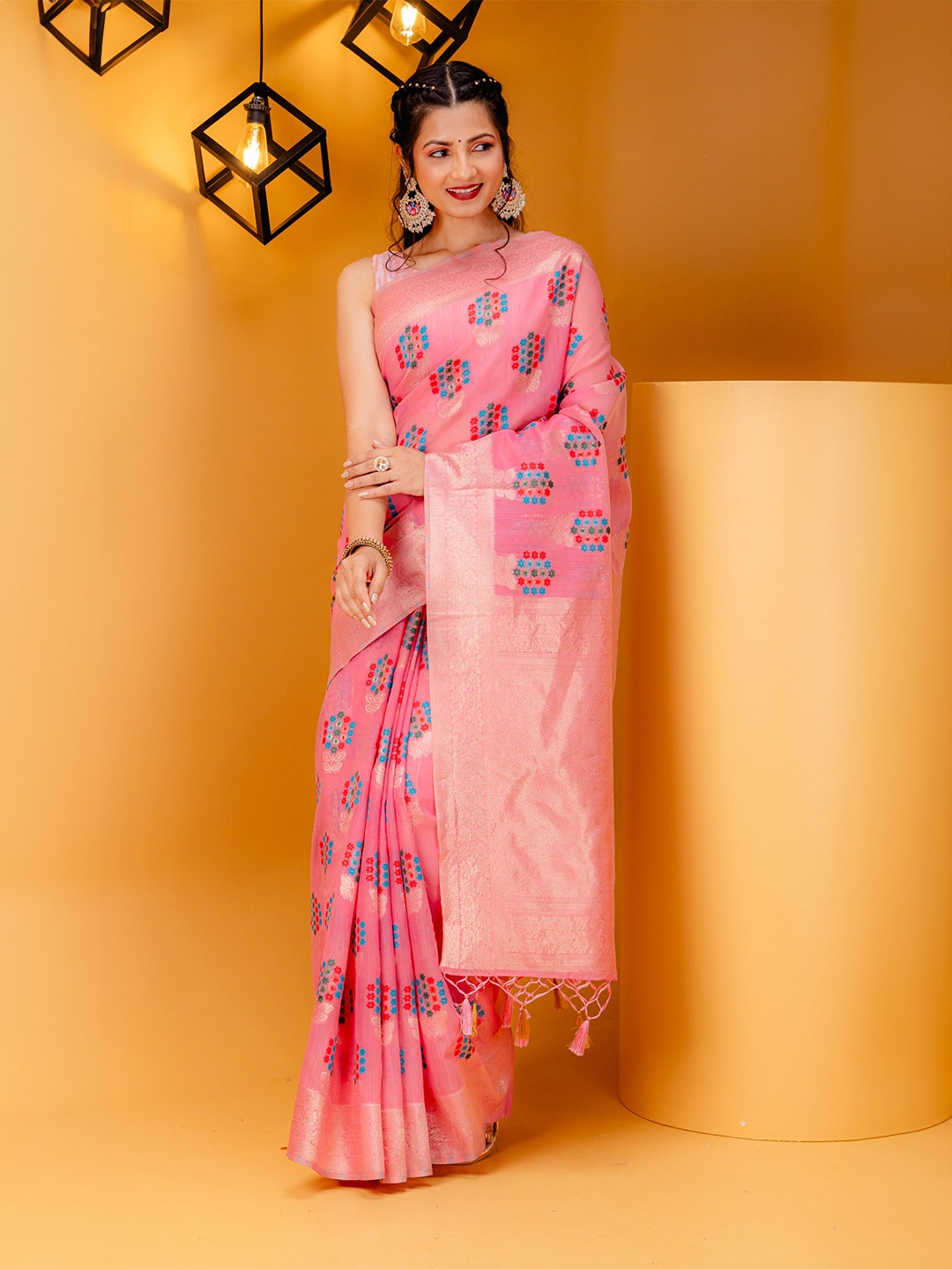

MIMOSA Ethnic Motifs Woven Design Zari Banarasi Saree, Pink