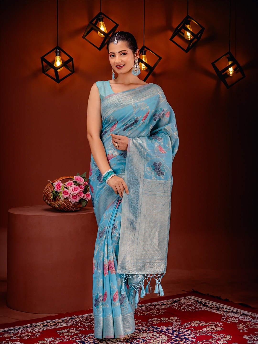 

MIMOSA Ethnic Motifs Zari Art Silk Banarasi Saree, Turquoise blue