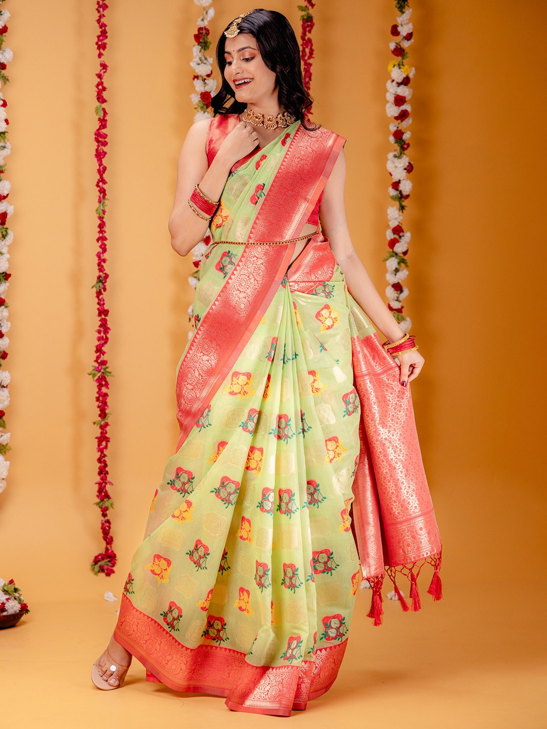 

MIMOSA Floral Woven Design Zari Art Silk Kanjeevaram Saree, Olive