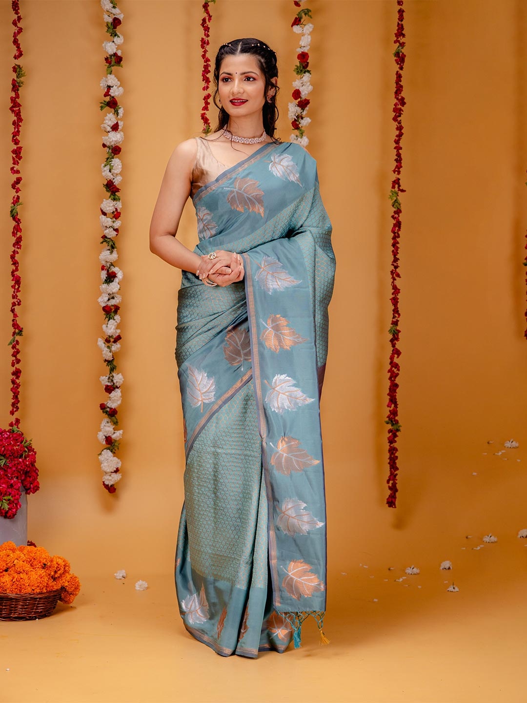 

MIMOSA Ethnic Motifs Zari Art Silk Kanjeevaram Saree, Sea green