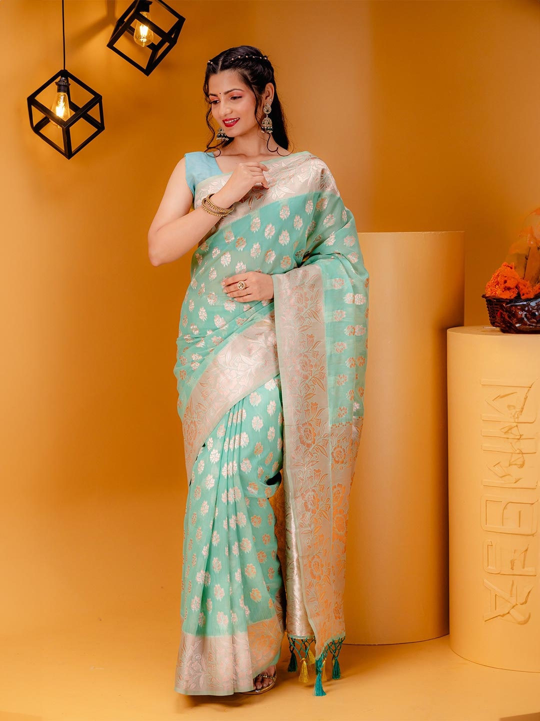 

MIMOSA Floral Woven Design Zari Art Silk Banarasi Saree, Sea green