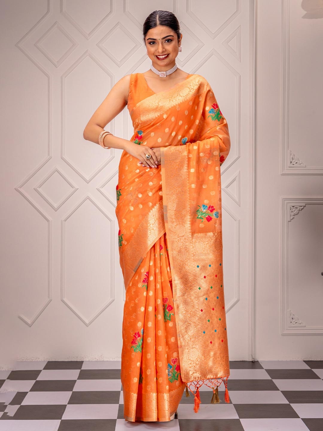 

MIMOSA Ethnic Motifs Woven Design Zari Banarasi Saree, Peach