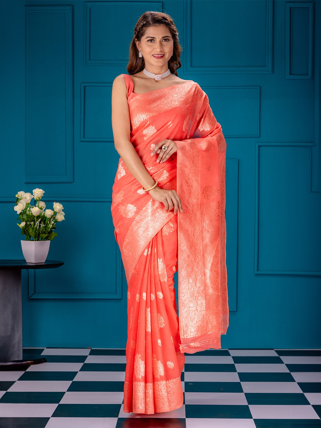 

MIMOSA Ethnic Motifs Woven Design Zari Banarasi Saree, Pink