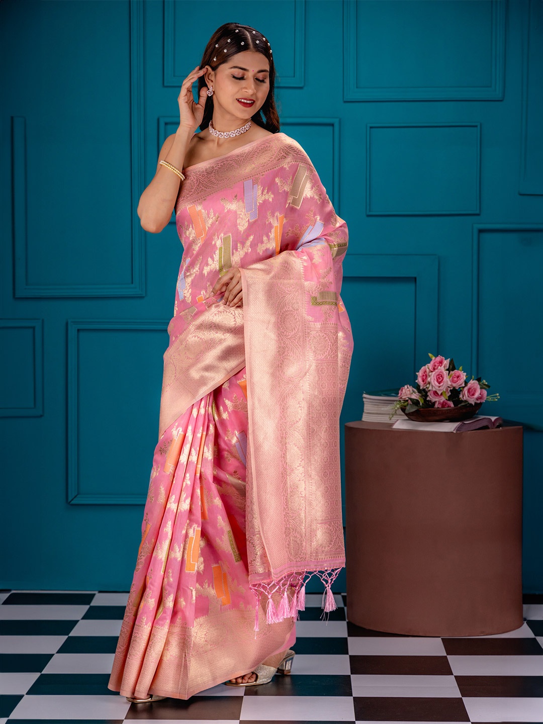 

MIMOSA Ethnic Motifs Zari Art Silk Banarasi Saree, Pink