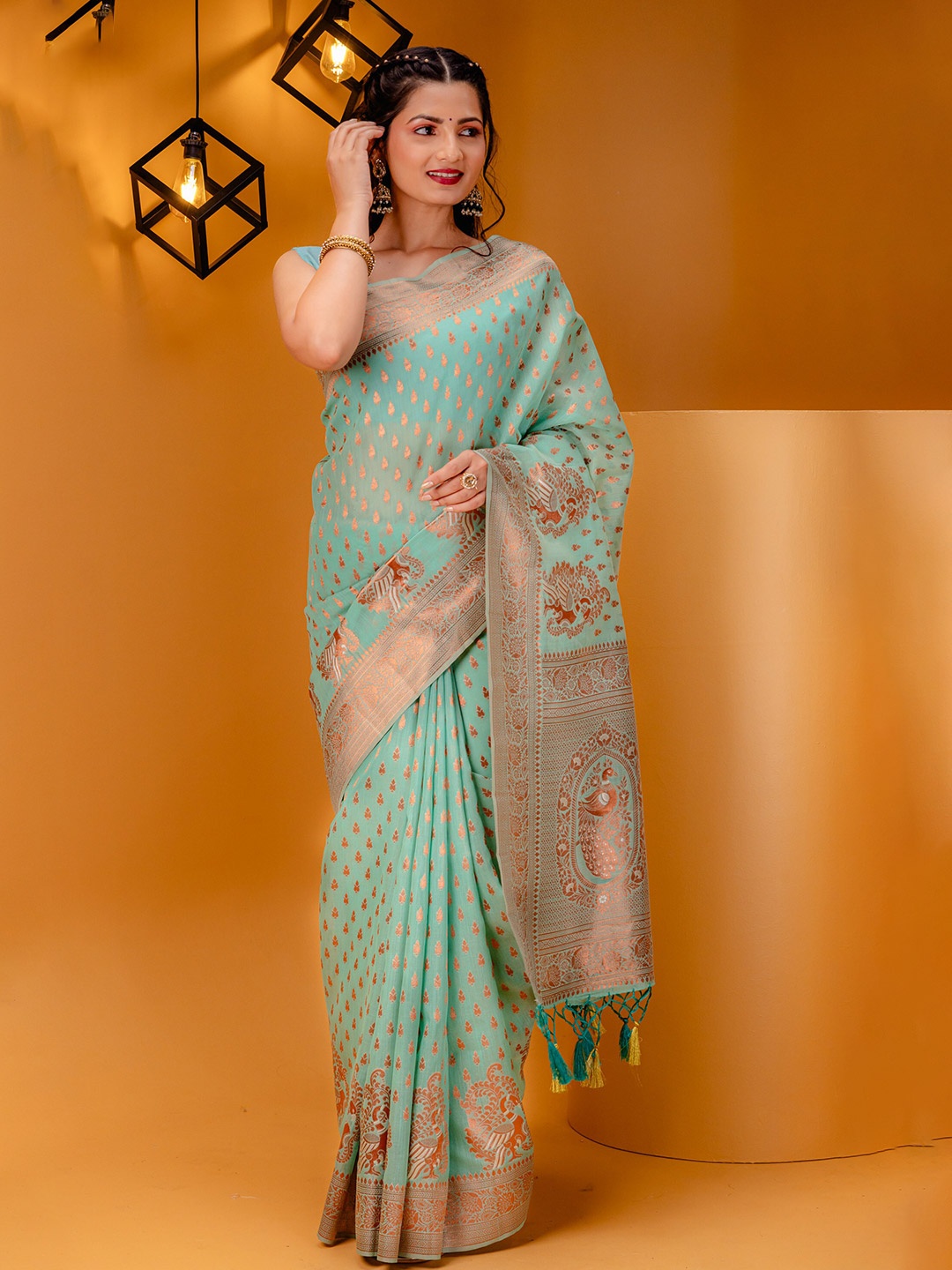 

MIMOSA Woven Design Zari Art Silk Banarasi Saree, Sea green