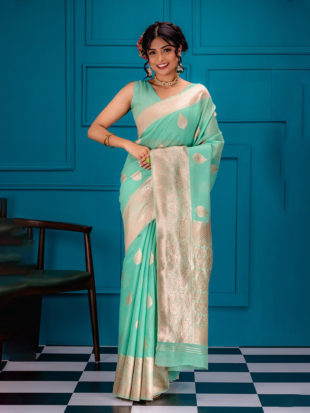 

MIMOSA Floral Zari Art Silk Banarasi Saree, Sea green