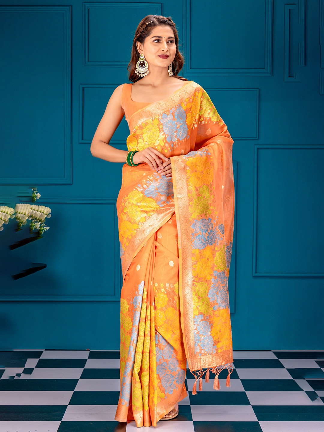 

MIMOSA Floral Woven Design Zari Banarasi Saree, Peach