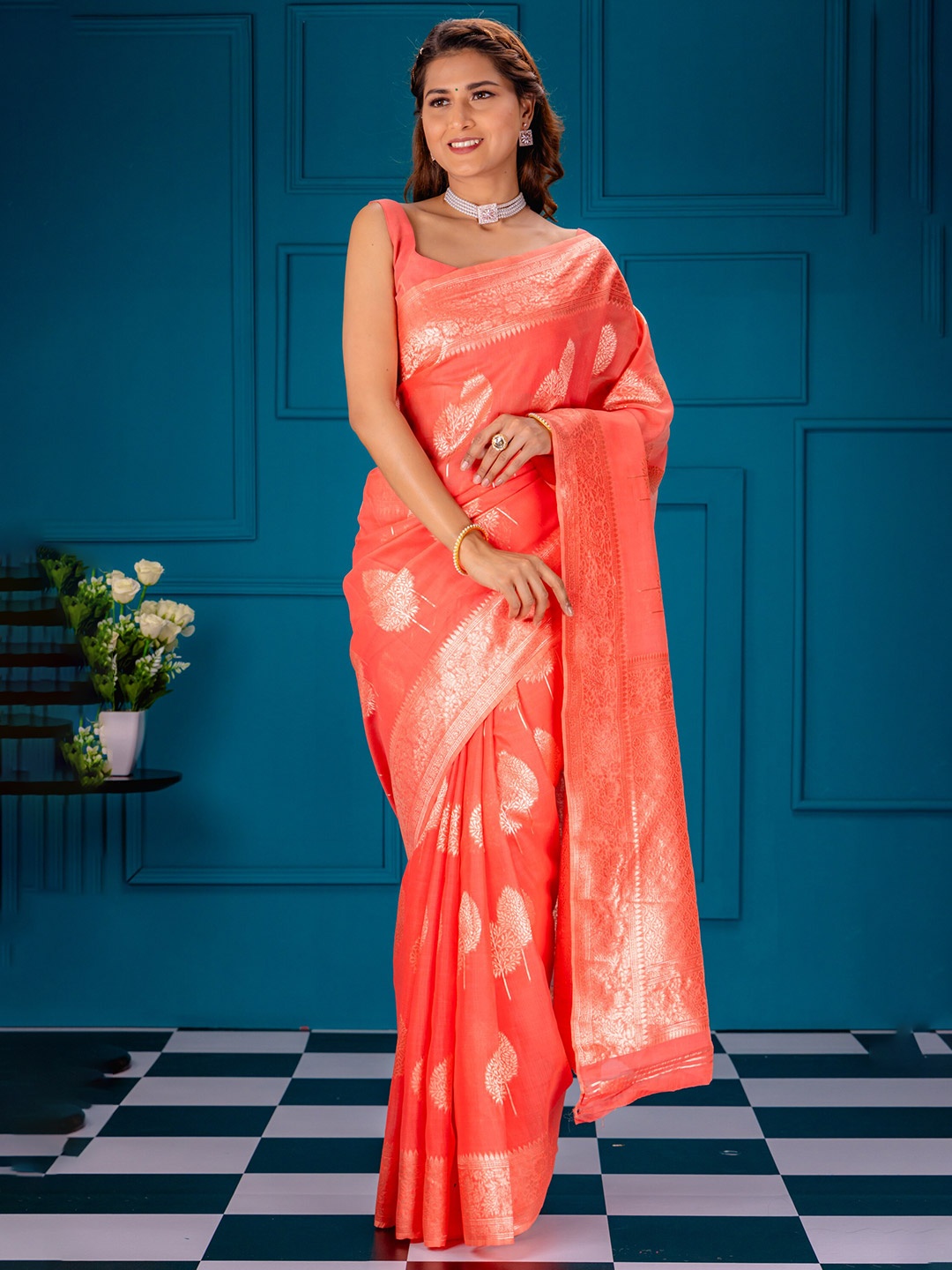 

MIMOSA Ethnic Motifs Woven Design Zari Banarasi Saree, Pink