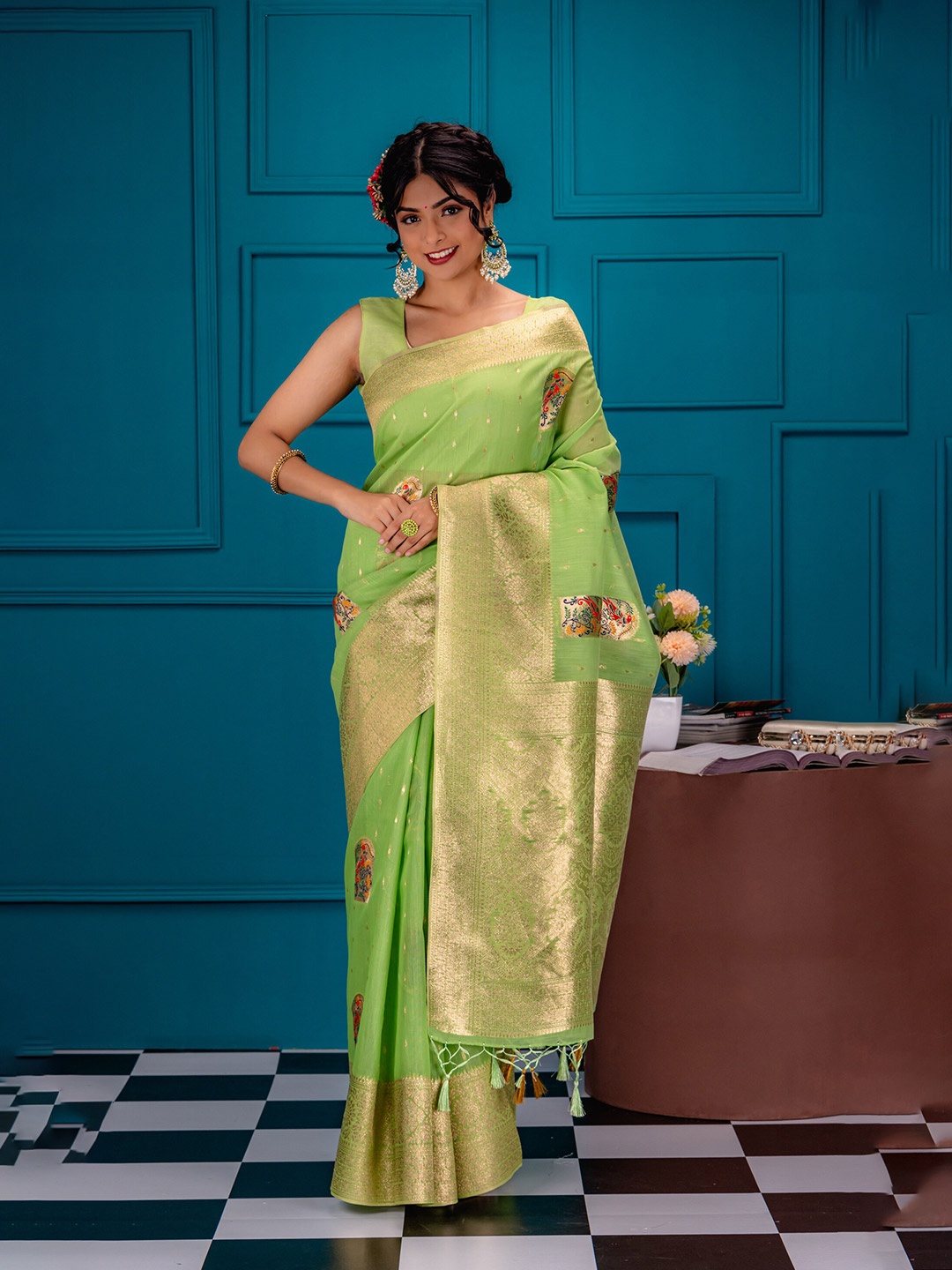 

MIMOSA Ethnic Motifs Zari Art Silk Banarasi Saree, Olive