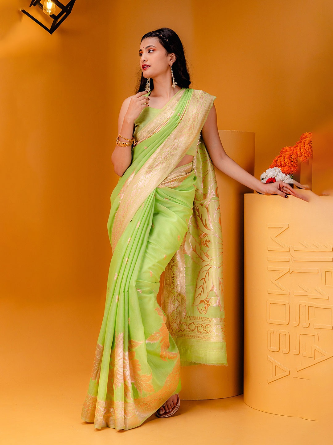 

MIMOSA Ethnic Motifs Woven Design Zari Art Silk Banarasi Saree, Olive