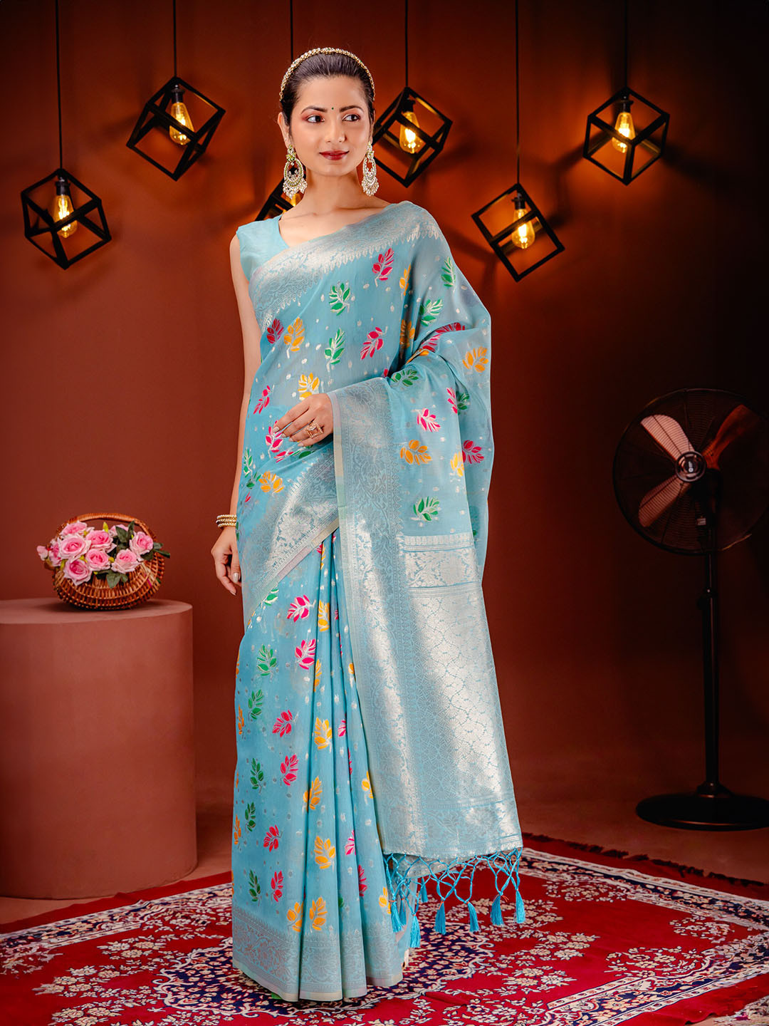

MIMOSA Floral Woven Design Zari Art Silk Banarasi Saree, Turquoise blue