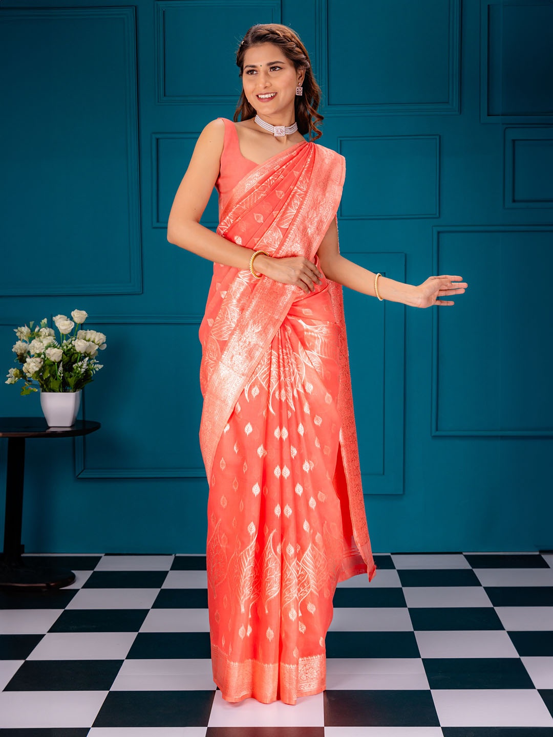 

MIMOSA Floral Woven Design Zari Art Silk Banarasi Saree, Pink