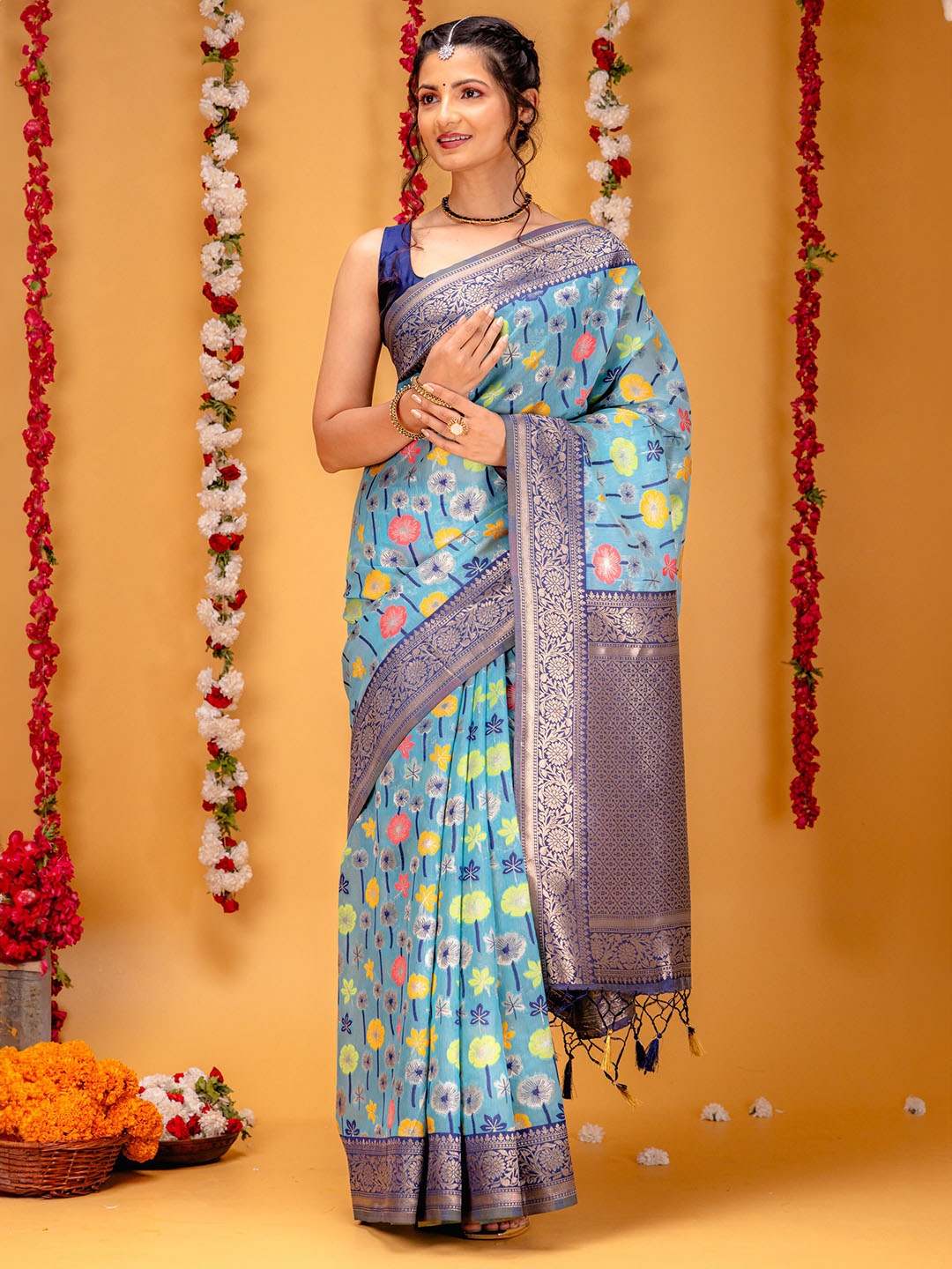 

MIMOSA Floral Woven Design Zari Banarasi Saree, Turquoise blue