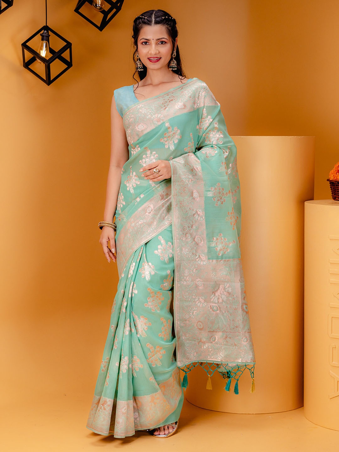 

MIMOSA Floral Woven Design Zari Art Silk Banarasi Saree, Sea green