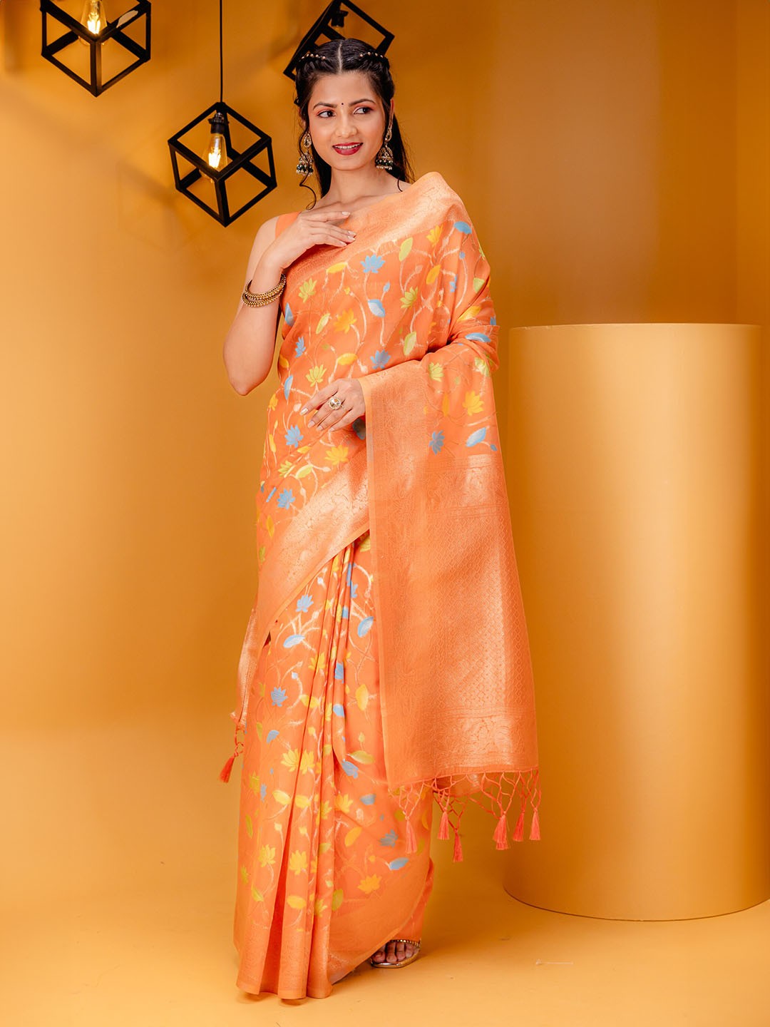 

MIMOSA Ethnic Motifs Zari Art Silk Banarasi Saree, Peach