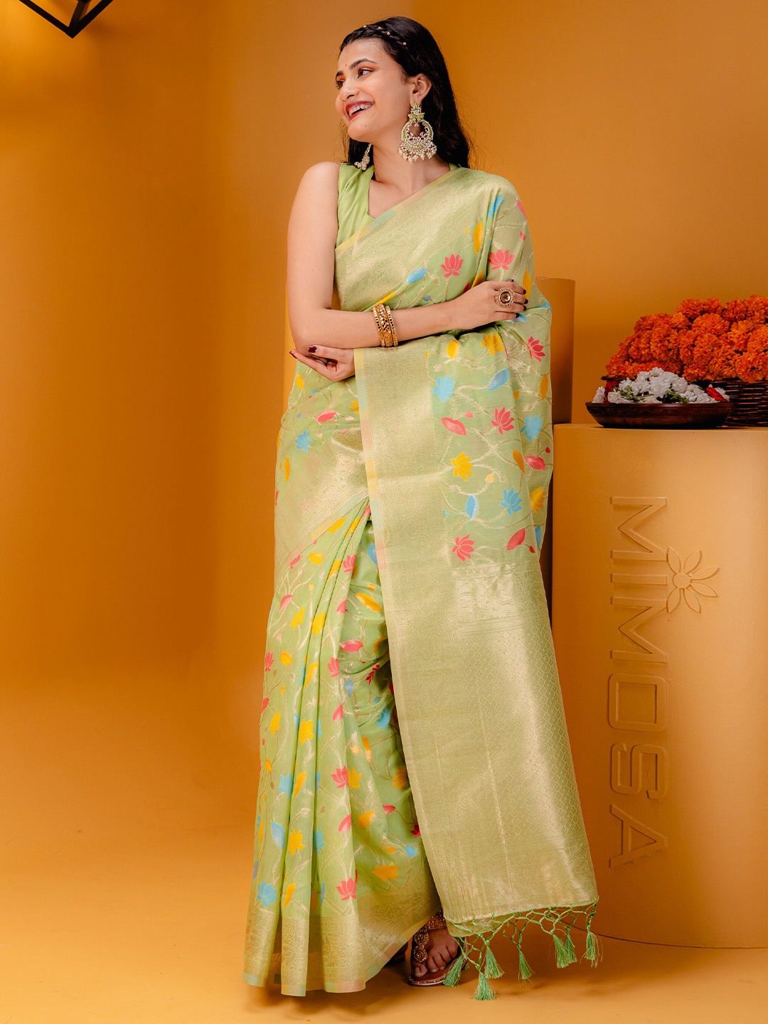 

MIMOSA Floral Woven Design Zari Art Silk Banarasi Saree, Olive