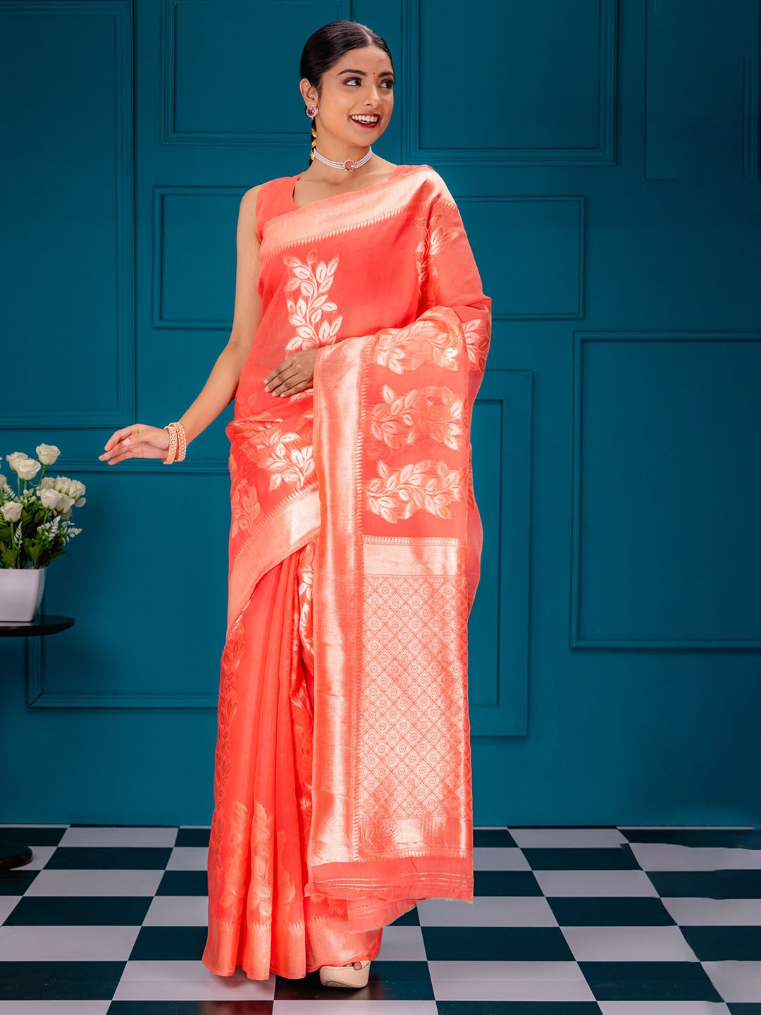 

MIMOSA Ethnic Motifs Zari Art Silk Banarasi Saree, Pink