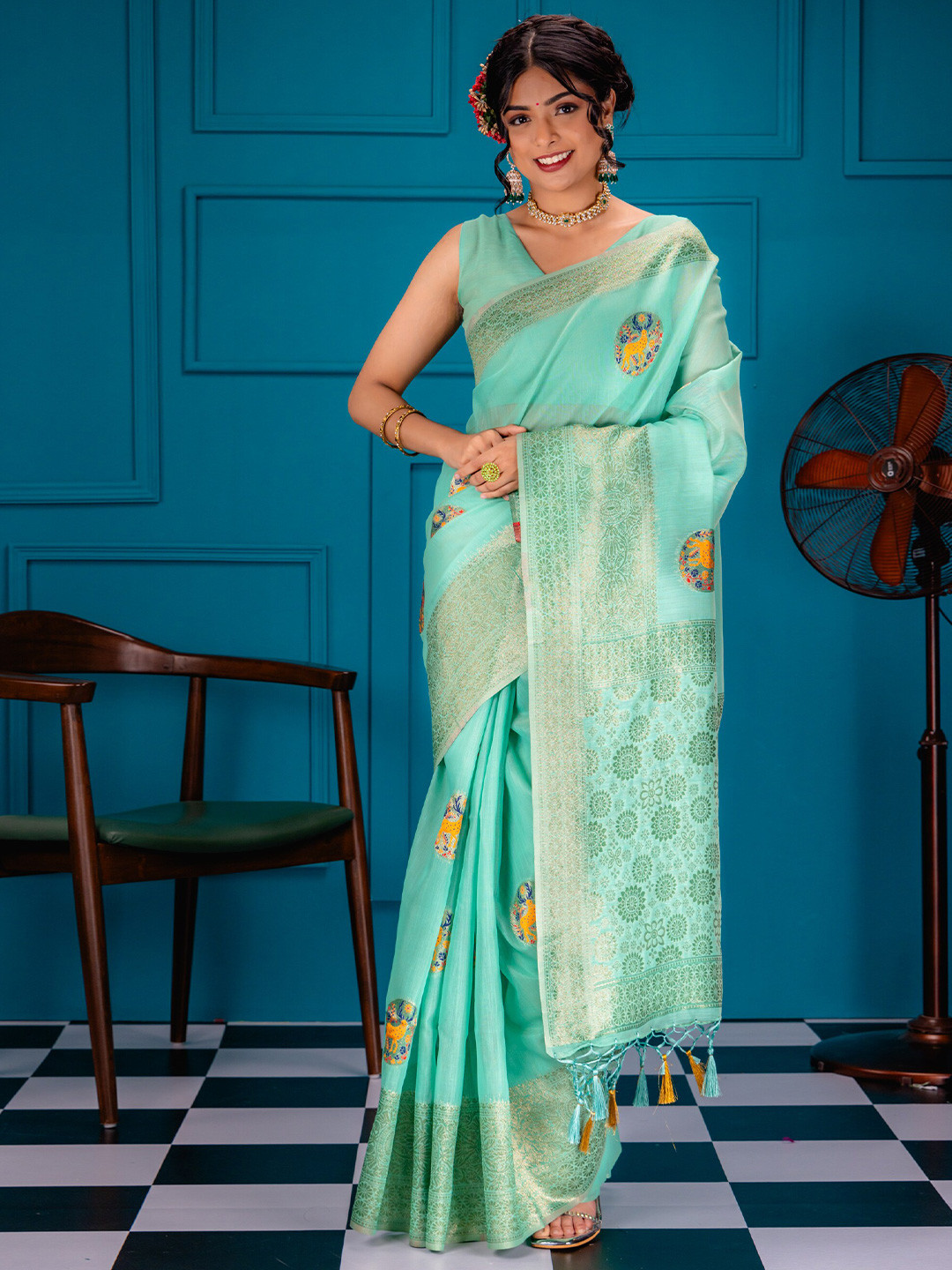 

MIMOSA Ethnic Woven Design Zari Art Silk Banarasi Saree, Sea green
