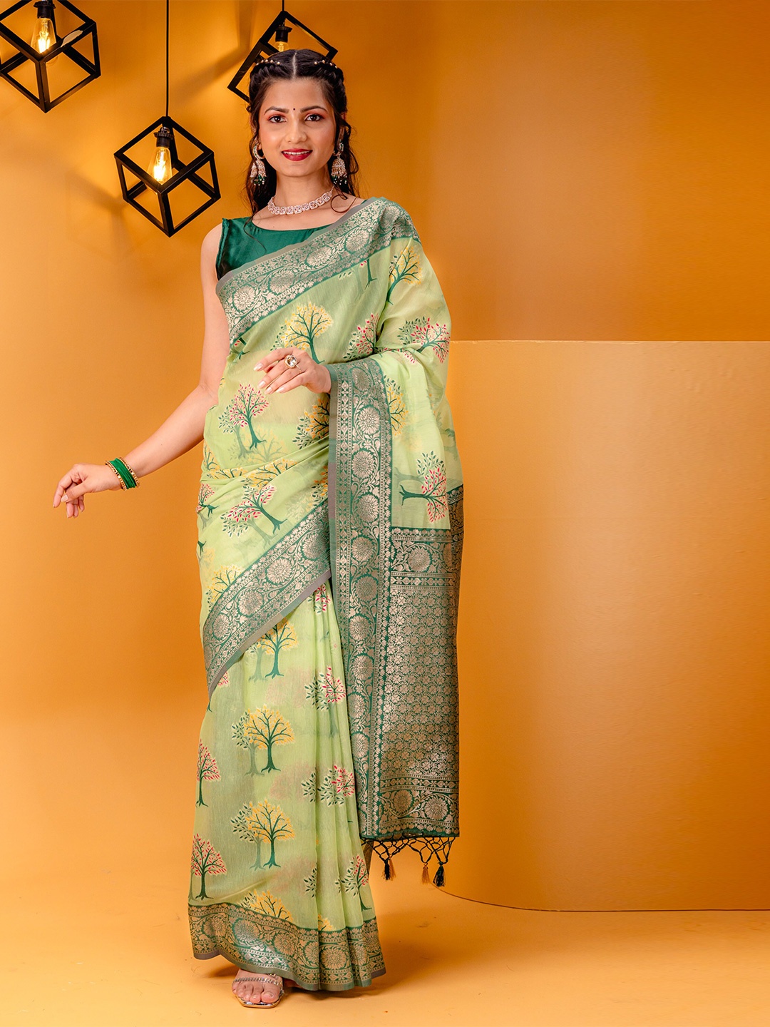 

MIMOSA Ethnic Motifs Zari Art Silk Banarasi Saree, Olive