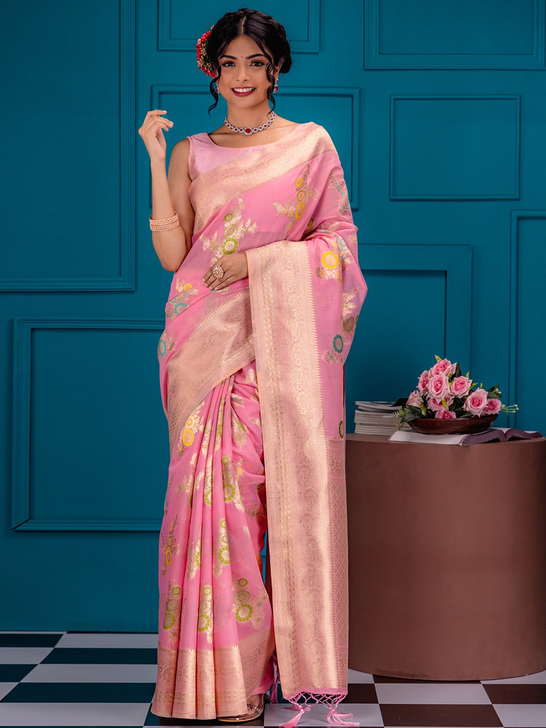 

MIMOSA Woven Design Zari Art Silk Banarasi Saree, Pink