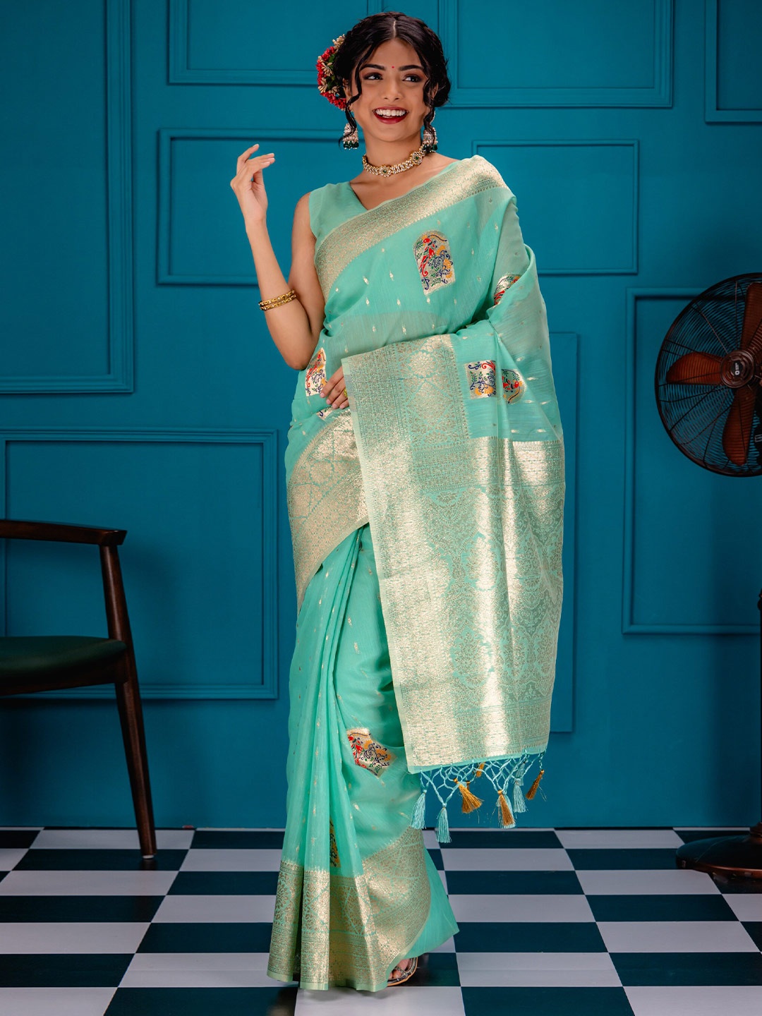 

MIMOSA Floral Woven Design Zari Art Silk Banarasi Saree, Sea green