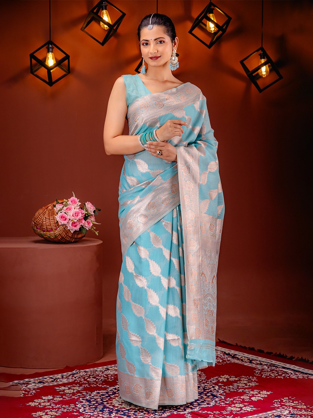 

MIMOSA Woven Design Zari Art Silk Banarasi Saree, Turquoise blue