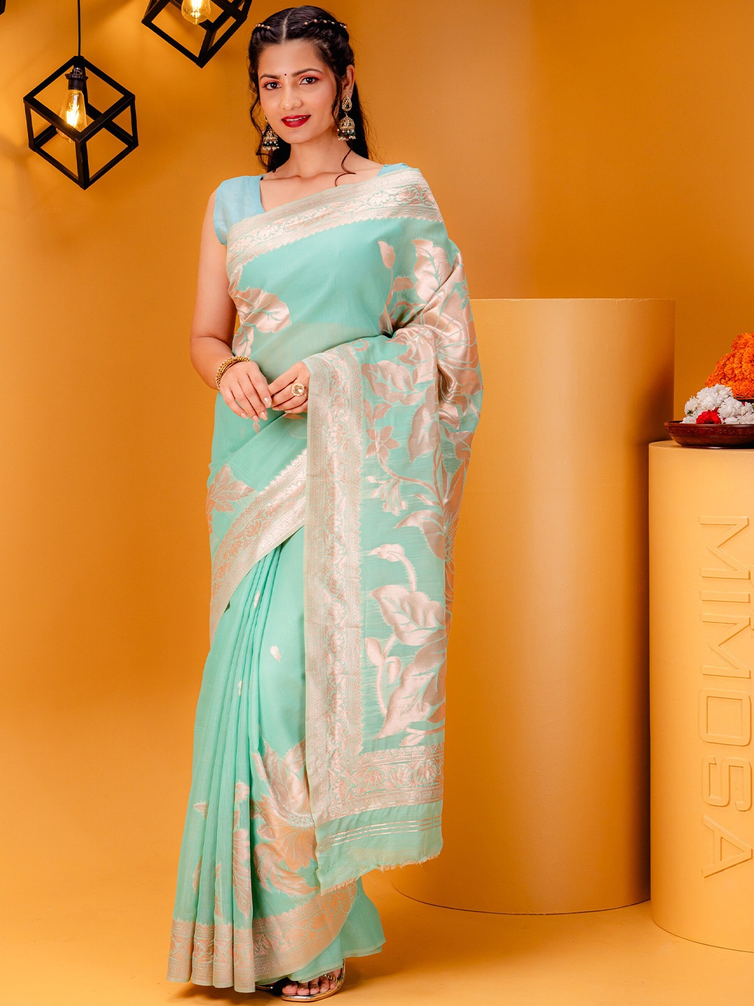 

MIMOSA Ethnic Motifs Zari Art Silk Banarasi Saree, Sea green