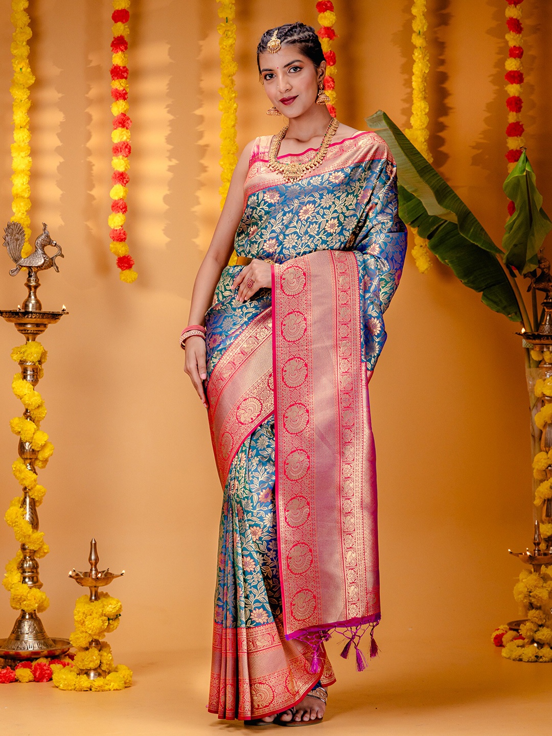 

MIMOSA Woven Design Kanjeevaram Zari Saree, Blue