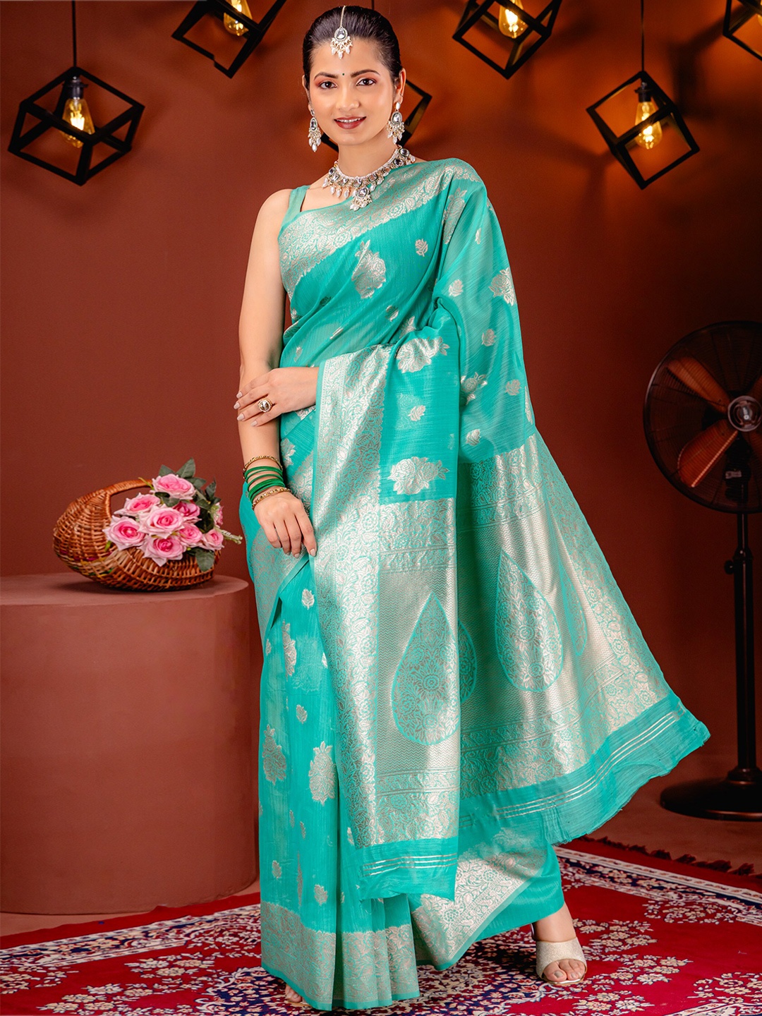 

MIMOSA Ethnic Motifs Woven Design Zari Banarasi Saree, Sea green