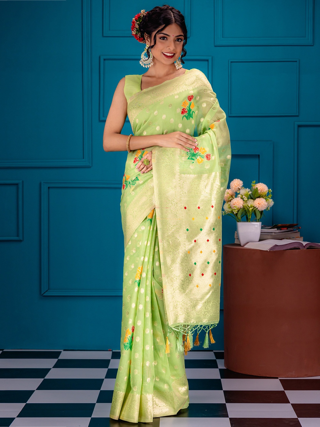 

MIMOSA Ethnic Motifs Woven Design Zari Banarasi Saree, Olive