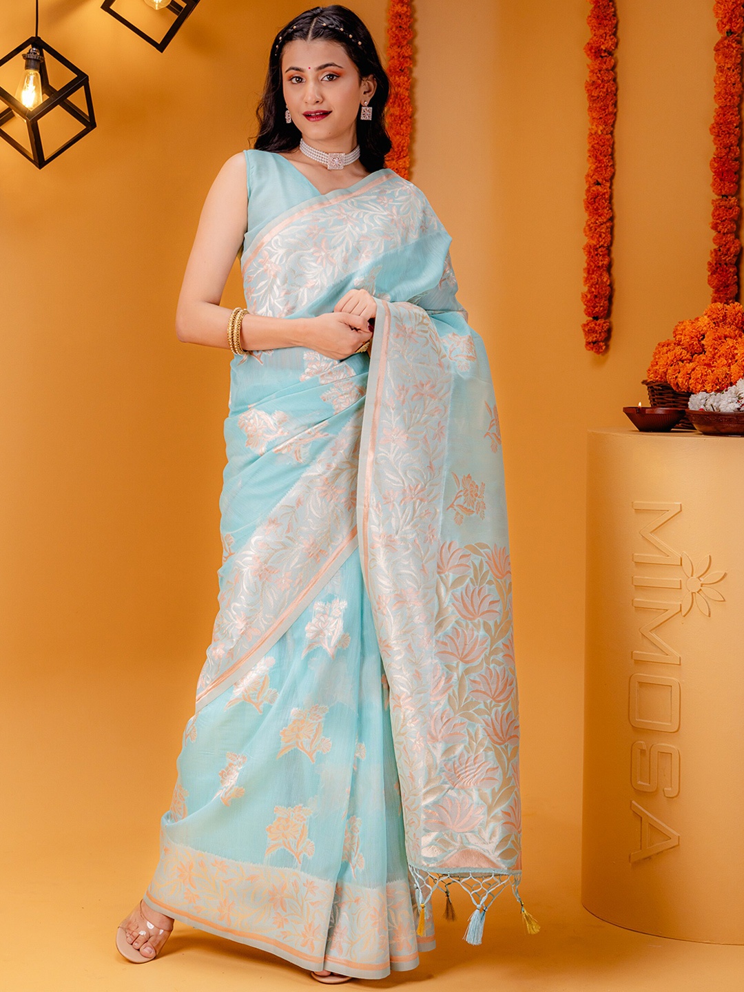 

MIMOSA Ethnic Motifs Woven Design Zari Banarasi Saree, Turquoise blue
