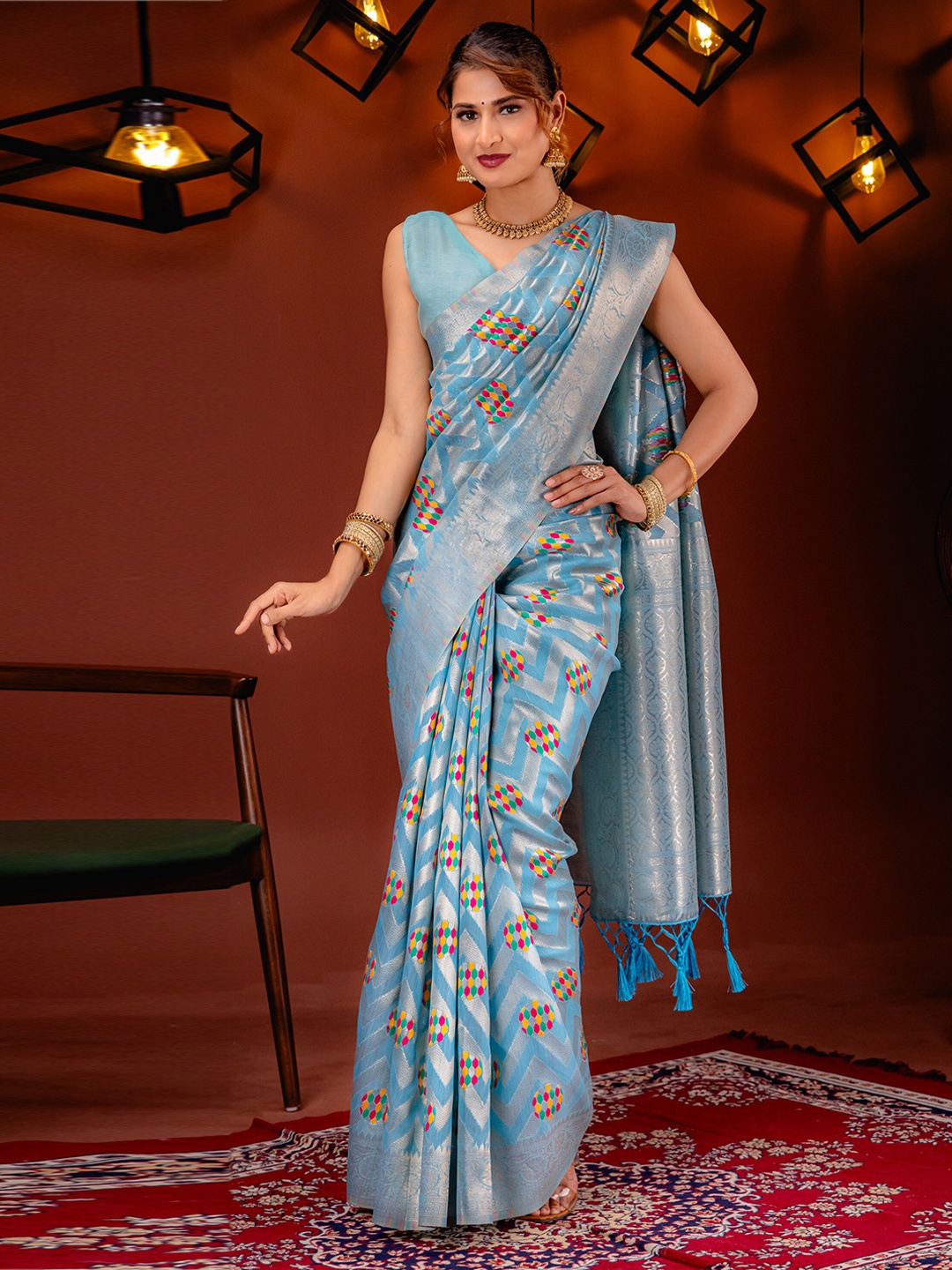 

MIMOSA Ethnic Motifs Woven Design Zari Banarasi Saree, Turquoise blue