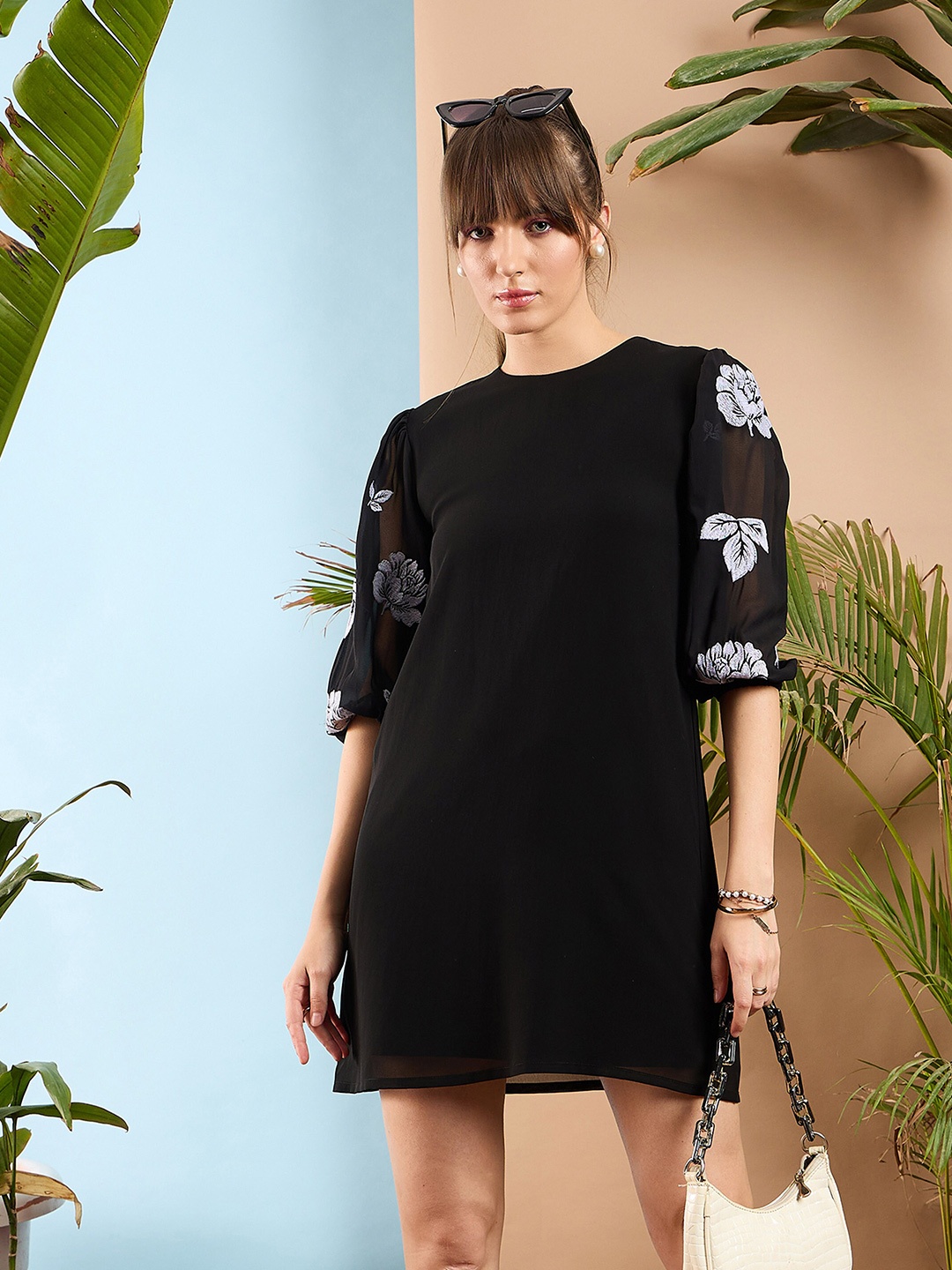 

SASSAFRAS Floral Printed Puff Sleeves Round Neck A-Line Dress, Black