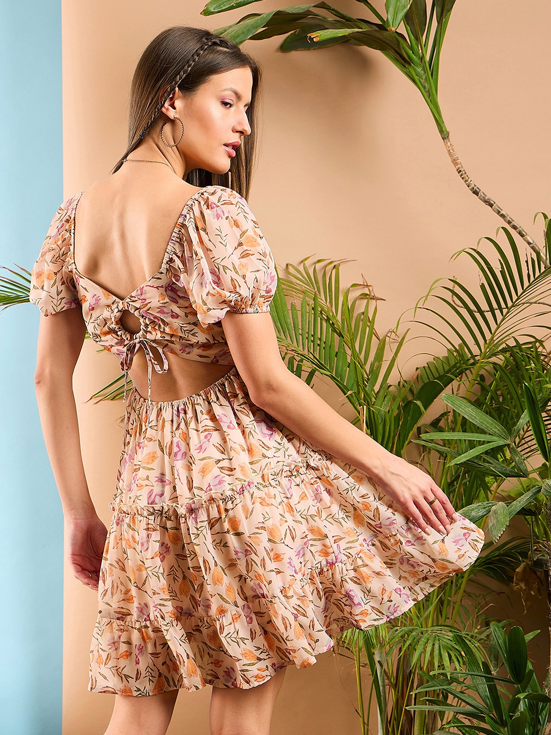 

SASSAFRAS Floral Printed Georgette Fit & Flare Dress, Peach