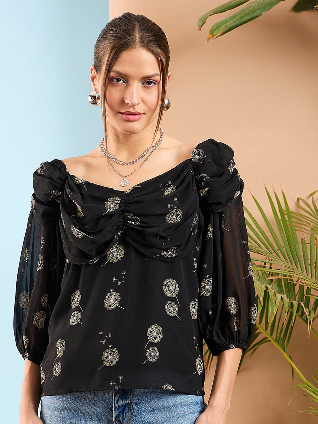 

SASSAFRAS Floral Printed Puff Sleeve Tropical Georgette Top, Black