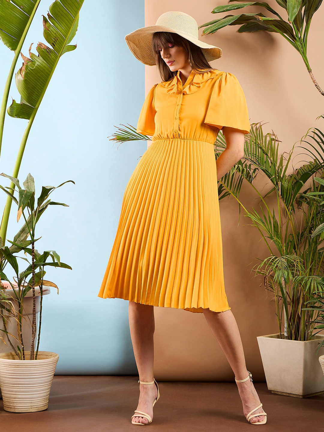 

SASSAFRAS Mustard Yellow Ruffle Flared Sleeves Accordian Pleated Fit & Flare Midi Dress