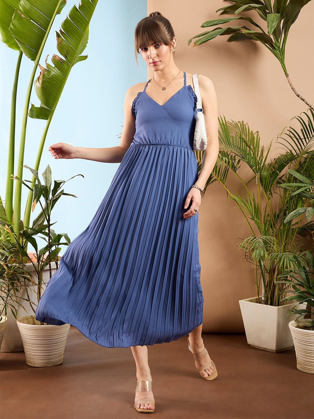 

SASSAFRAS Shoulder Strap Pleated A-Line Maxi Dress, Blue