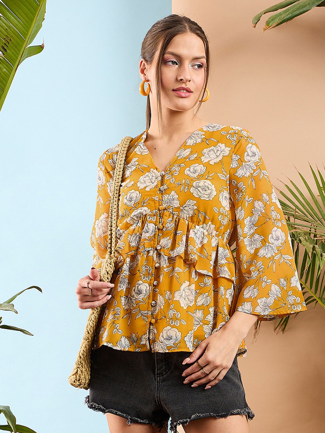 

SASSAFRAS Floral Print Flared Sleeve Layered Tropical Peplum Top, Yellow