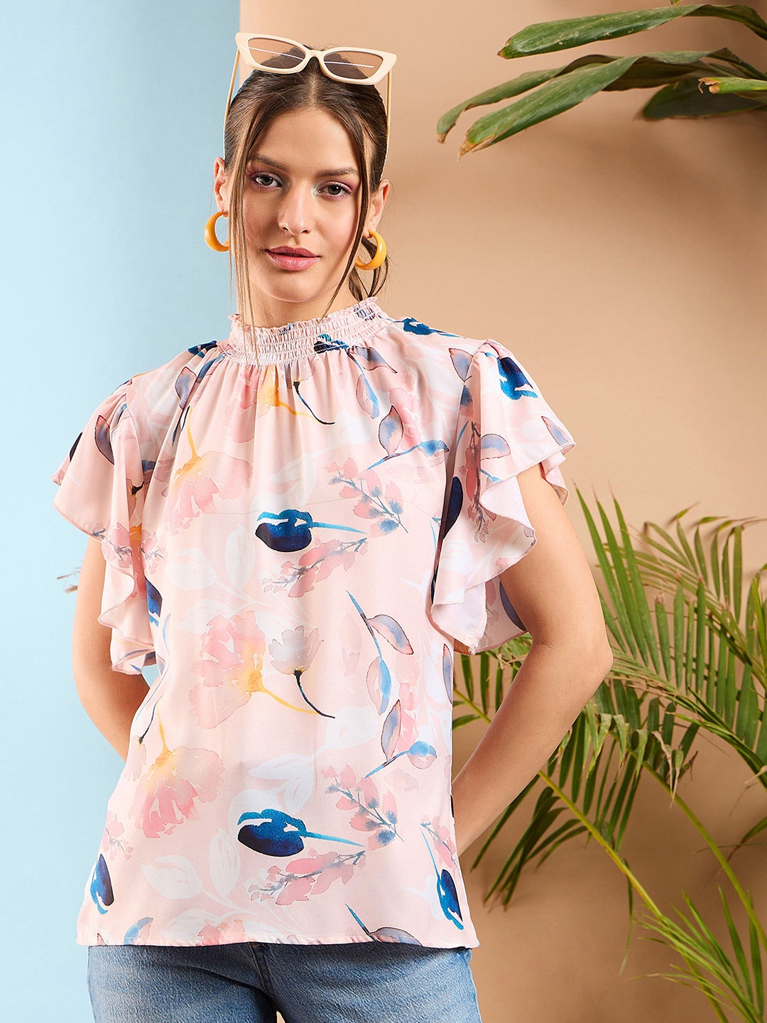 

SASSAFRAS Floral Printed Flared Sleeve Smocked Top, Peach