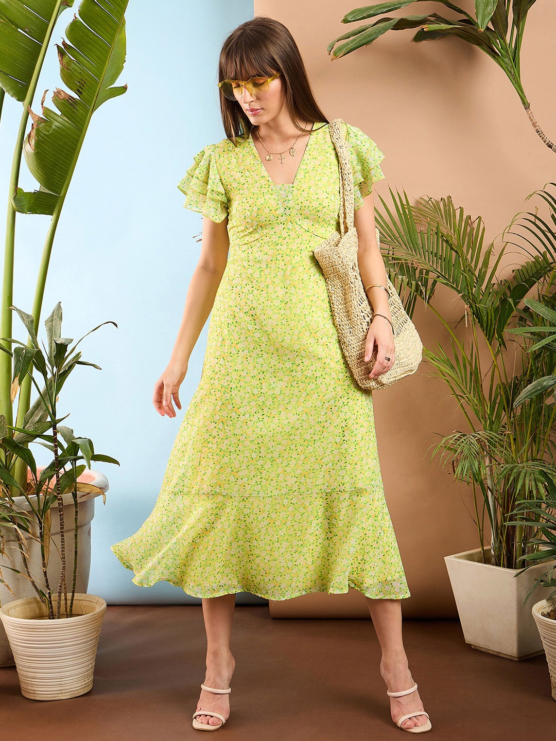 

SASSAFRAS Floral A Line Midi Dress, Yellow