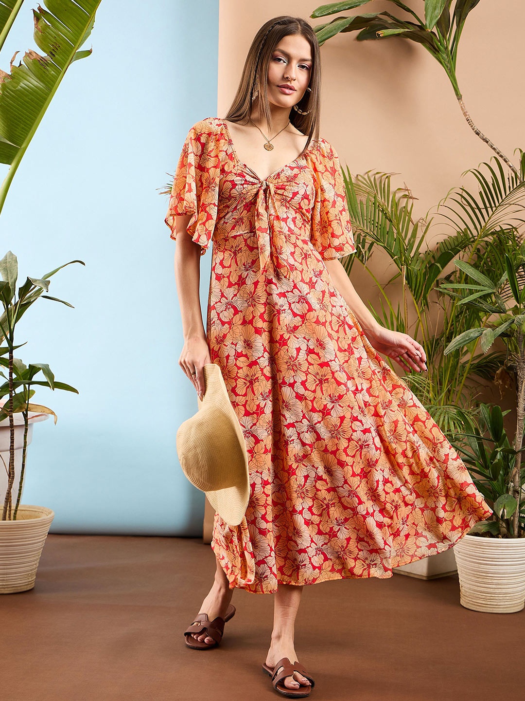 

SASSAFRAS Floral Print Flared Sleeve Tie Up Fit & Flare Midi Dress, Red