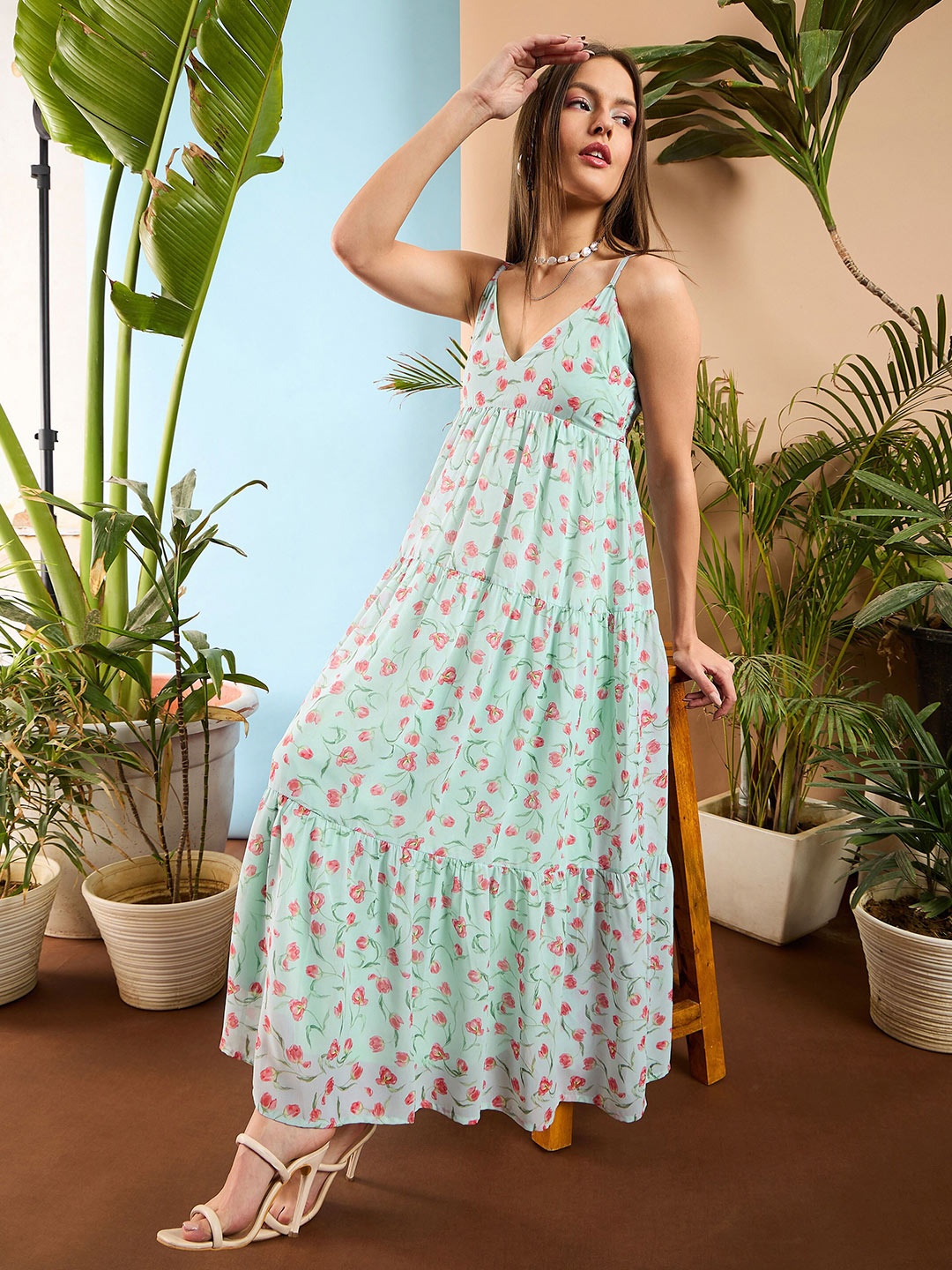 

SASSAFRAS Floral Printed Shoulder Strap Tiered Maxi Dress, Sea green