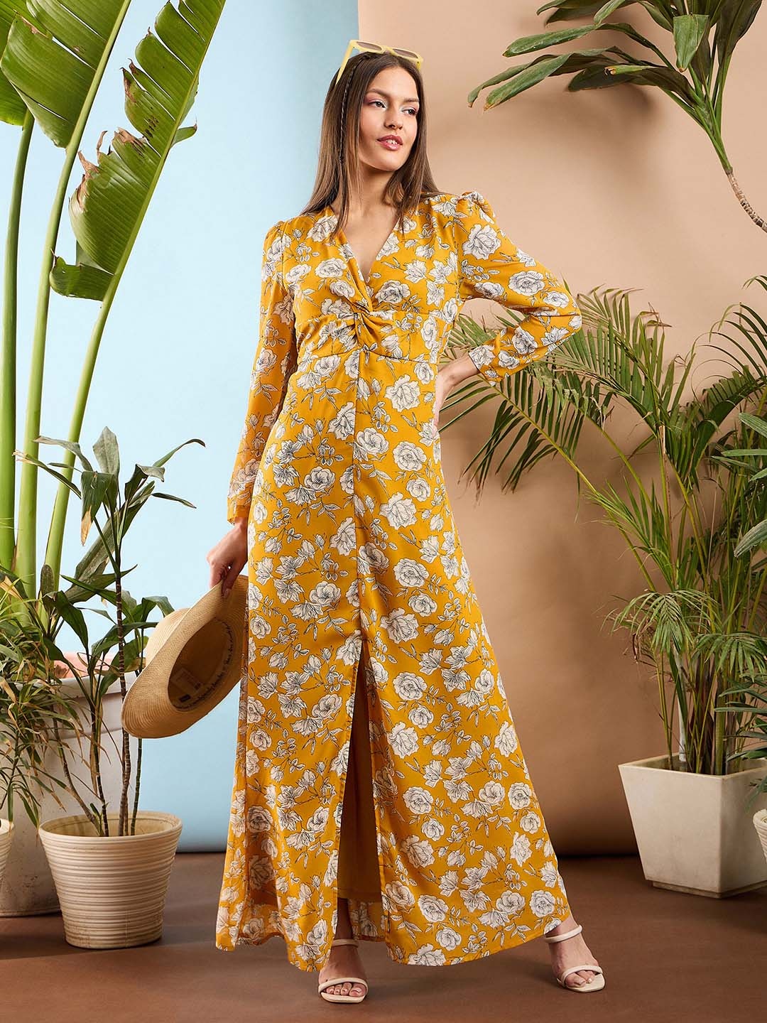 

SASSAFRAS Floral Print Front Twisted A-Line Maxi Dress, Yellow