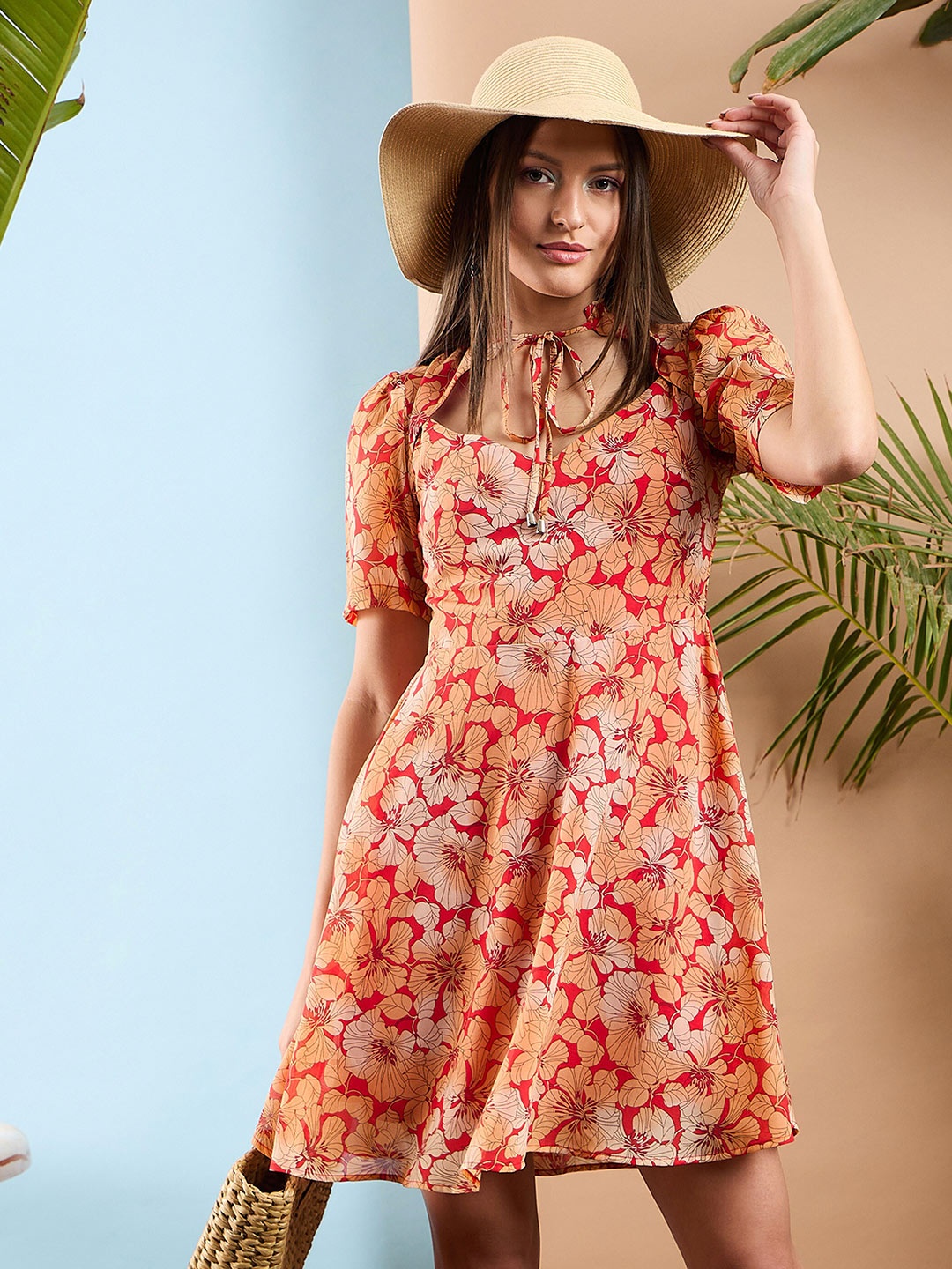SASSAFRAS Floral Printed Rhombus Neck A Line Dress, Red