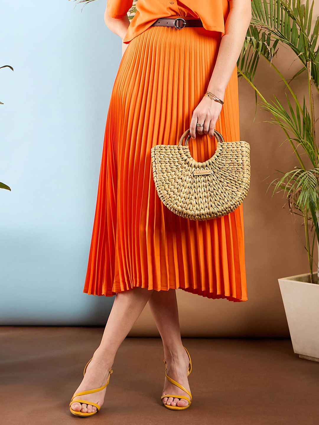 

SASSAFRAS Resort Life Accordion Pleated Midi Skirt, Orange