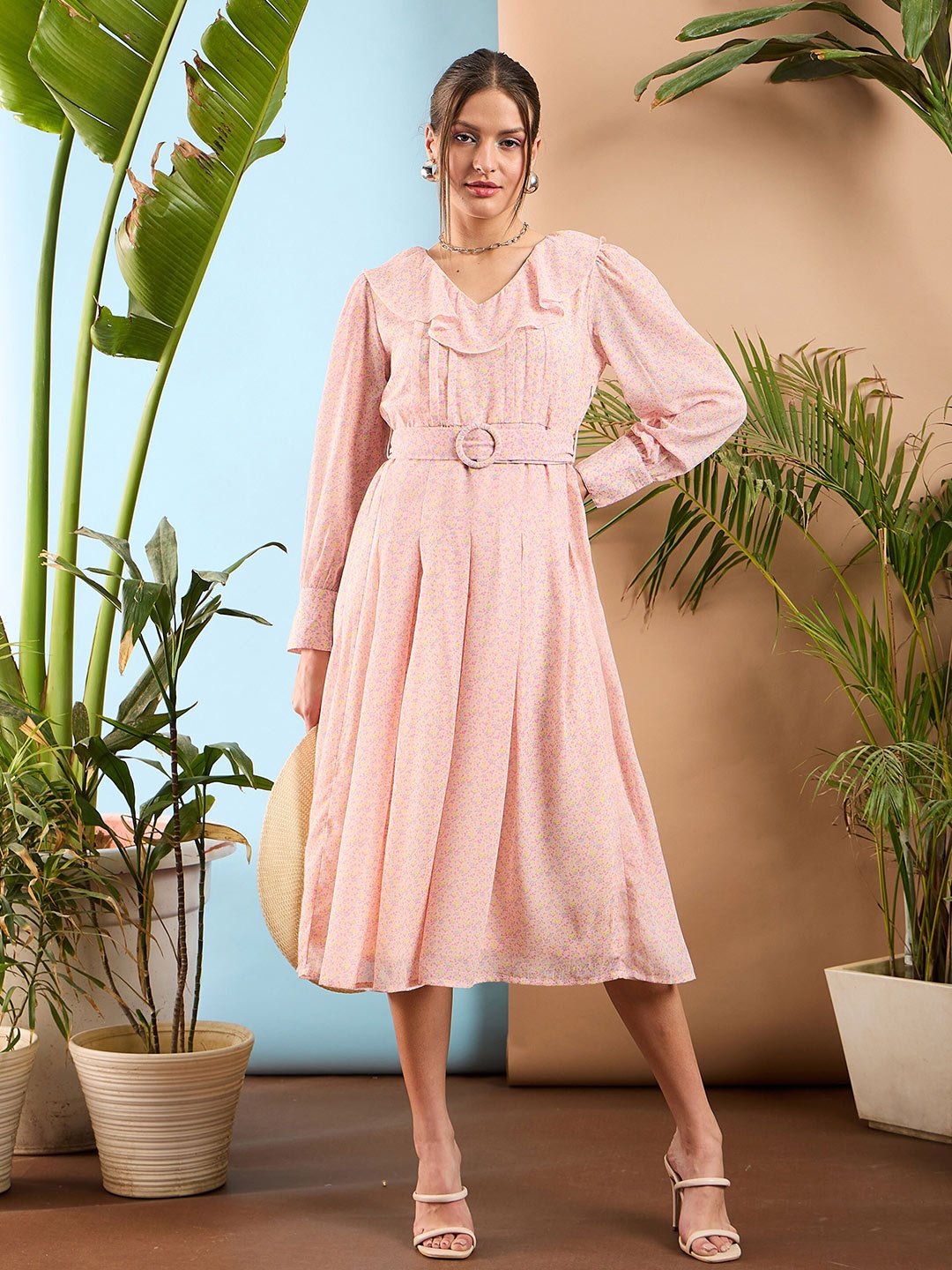 

SASSAFRAS Floral Printed Ruffled Belted Fit & Flare Midi Dress, Pink